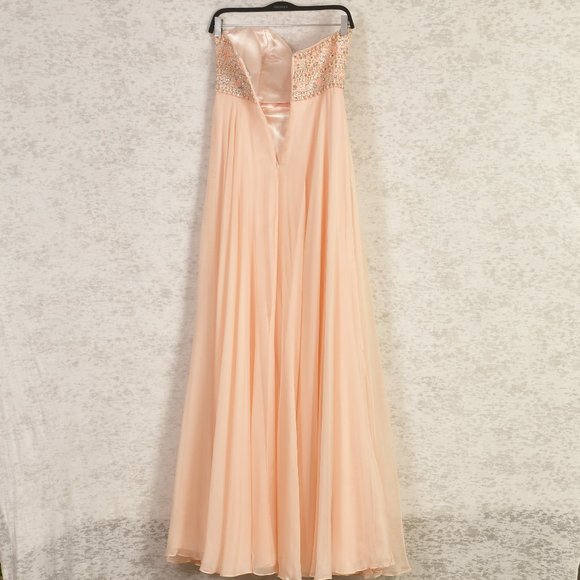 Jovani Peach Beaded Strapless Full Chiffon Flowy Maxi Dress Size 2 - Picture 6 of 12